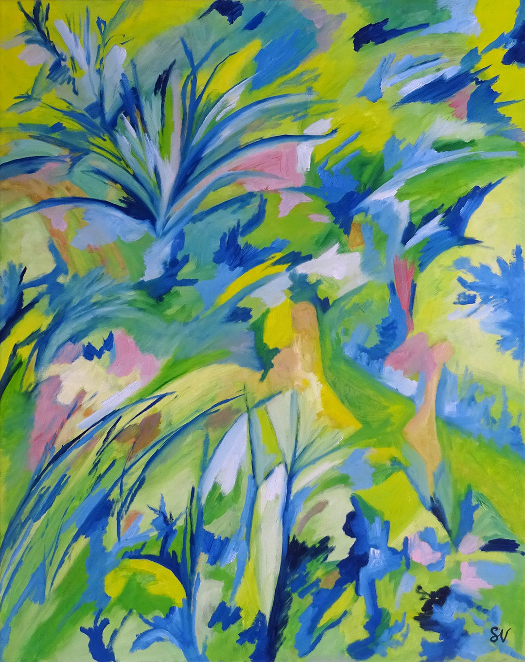 SandraVigouroux-Feuilles et plumes, Peinture à l'huile sur toile, 92 x 73 cm, 2020